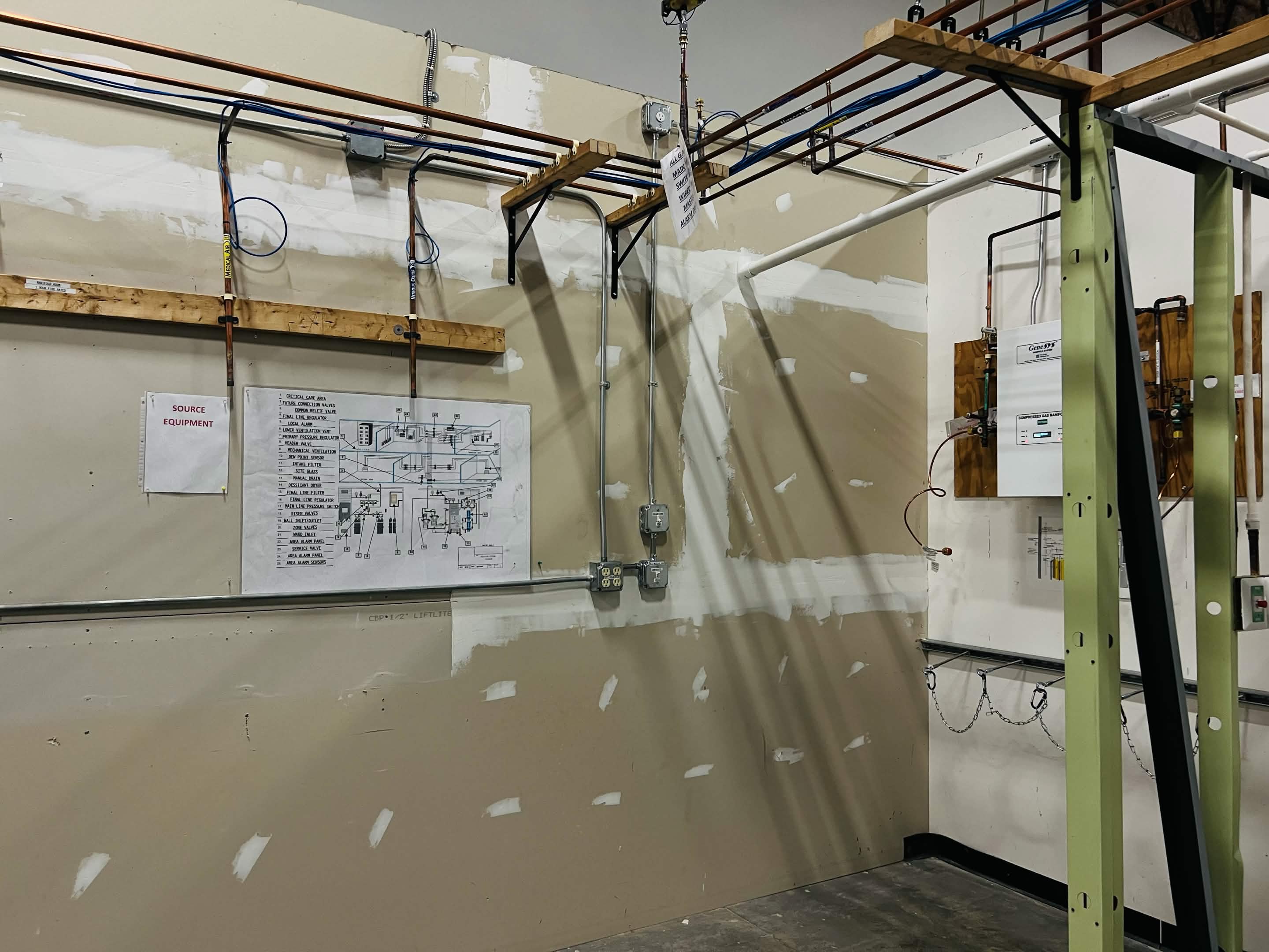 Second corner view of medical gas training lab piping